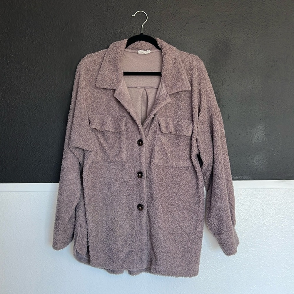 Suzanne betro simple lavender teddy shacket size large button down